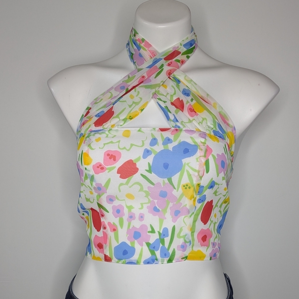 With Jean White Colorful Tulip Floral Criss Cross Zip Up Crop Halter Top S